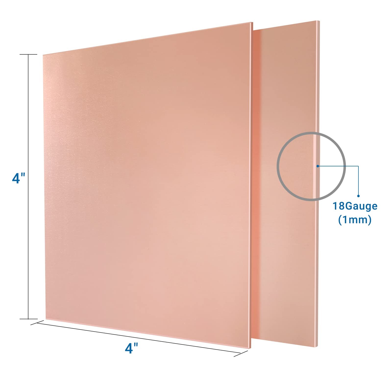 2 Pieces 99.9% Pure Copper Sheet, 4″ x 4″,18 Gauge(1mm) Thickness, Film Attached