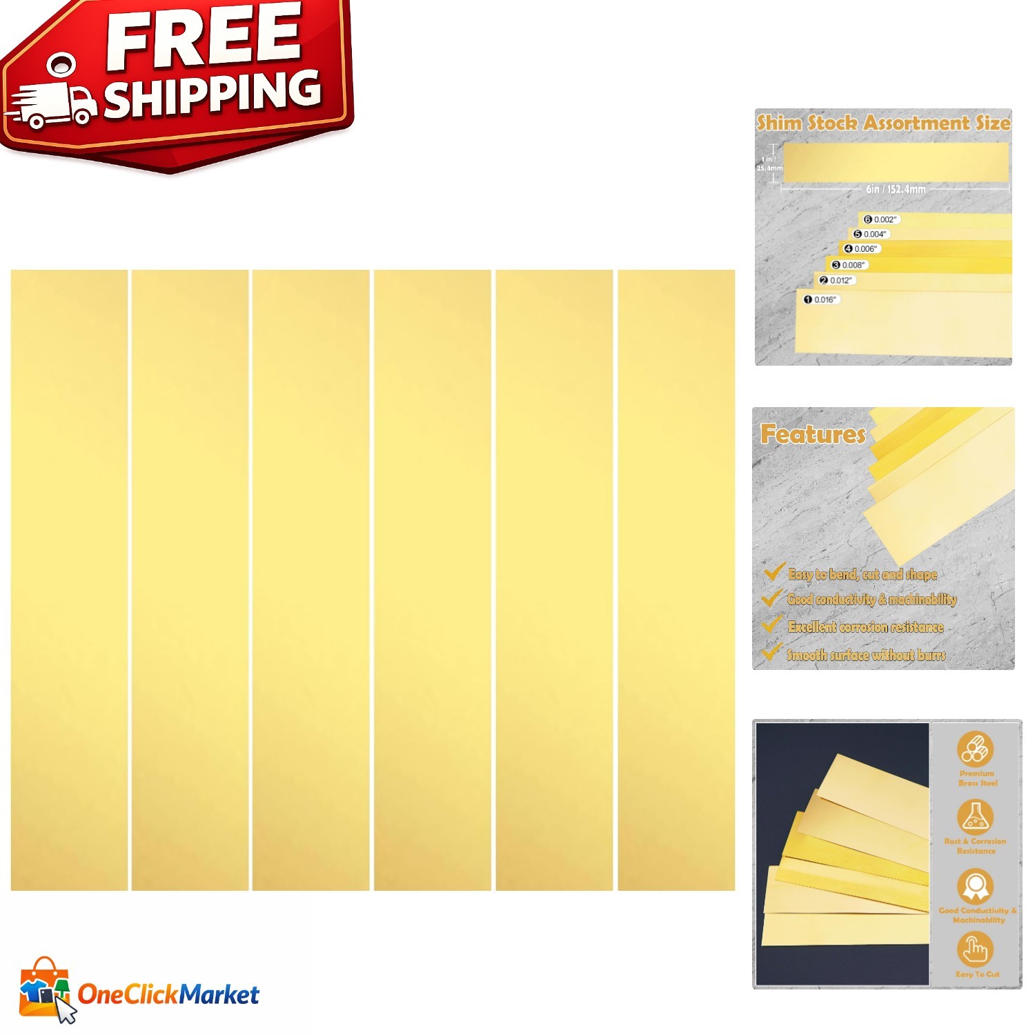 Commercial Grade Brass Shim Stock Assortment – 1″ Width x 6″ Length, 6 Pieces