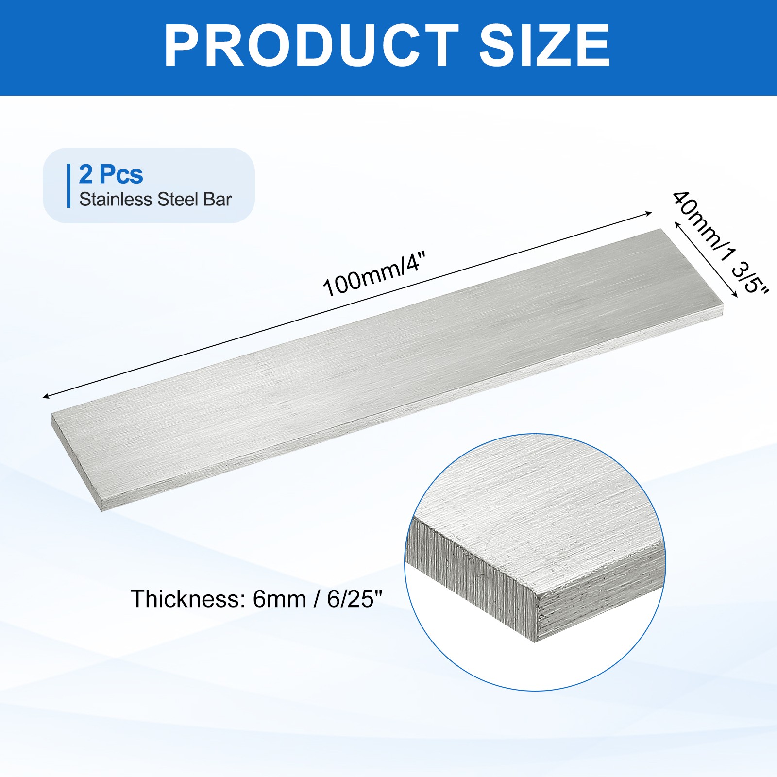 316L Stainless Steel Flat Bar, 6/25″ Thickness 1 3/5″ Width 4″ Length 2pcs