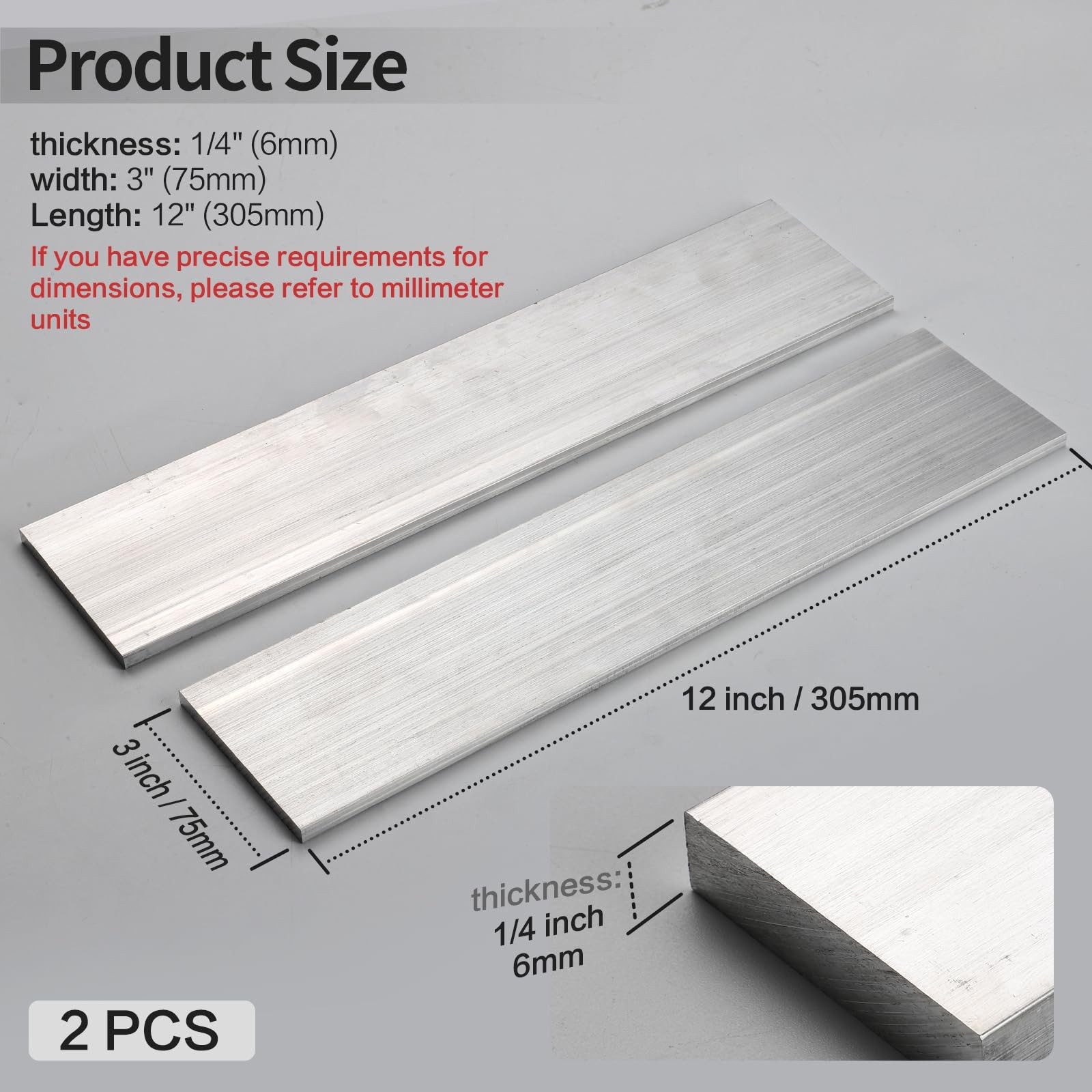 2 PCS 1/4x3x12 Inch 6061 Aluminum Flat Bar 6x75x305mm T6511 Solid Plate