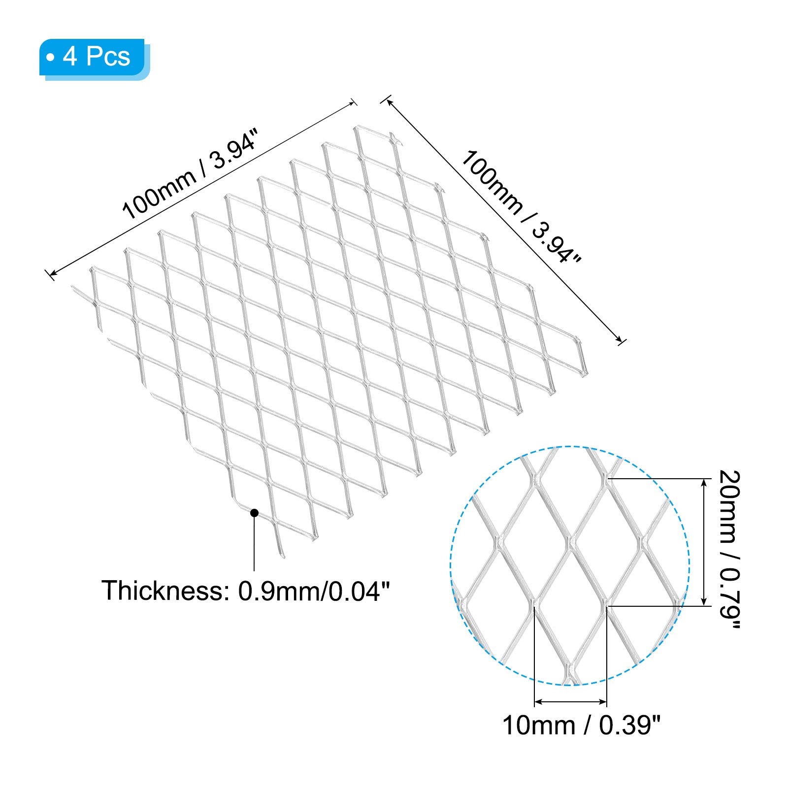 4″L x 4″W Universal Car Grill Mesh, 4Pcs 10x20mm Diamond Hole, Silver Tone