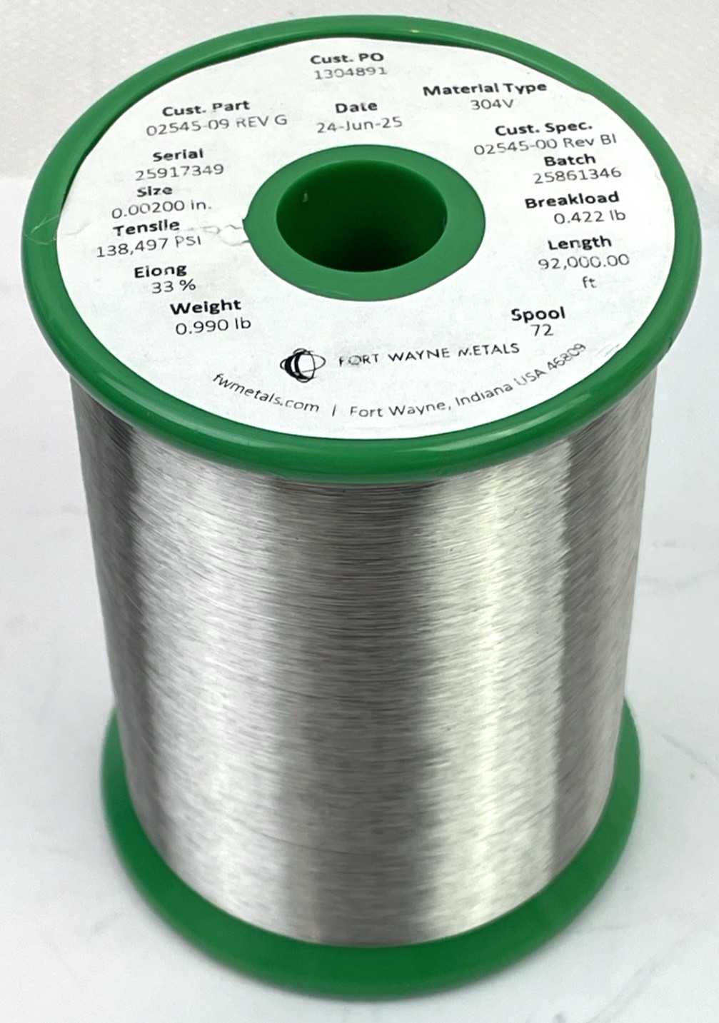 Fort Wayne Metals 304V Stainless Steel Wire 0.00200″ 92,000 FT