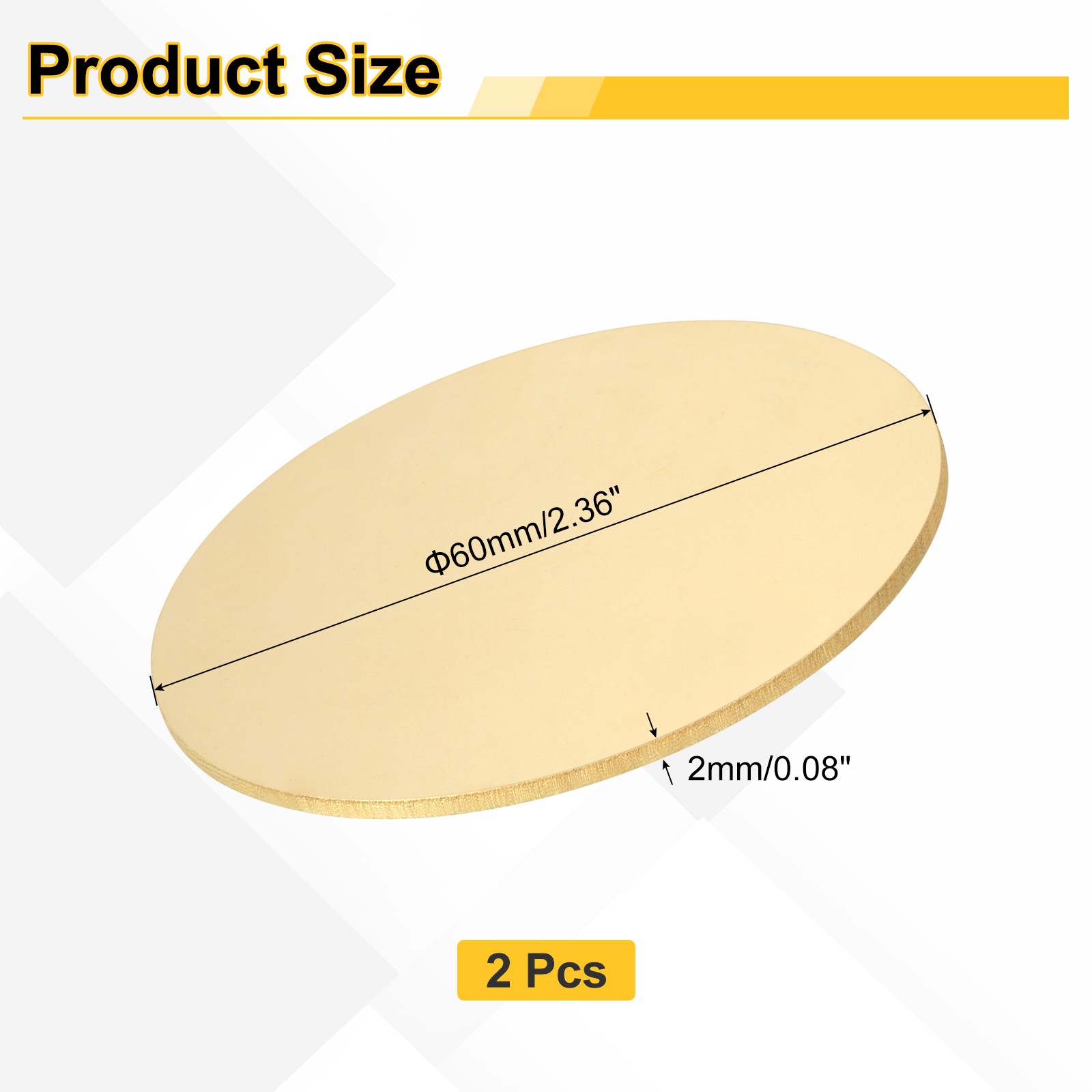 2pcs Brass Sheets, 0.08″ Thickness x 2.36″ Diameter Brass Round Plate, Yellow