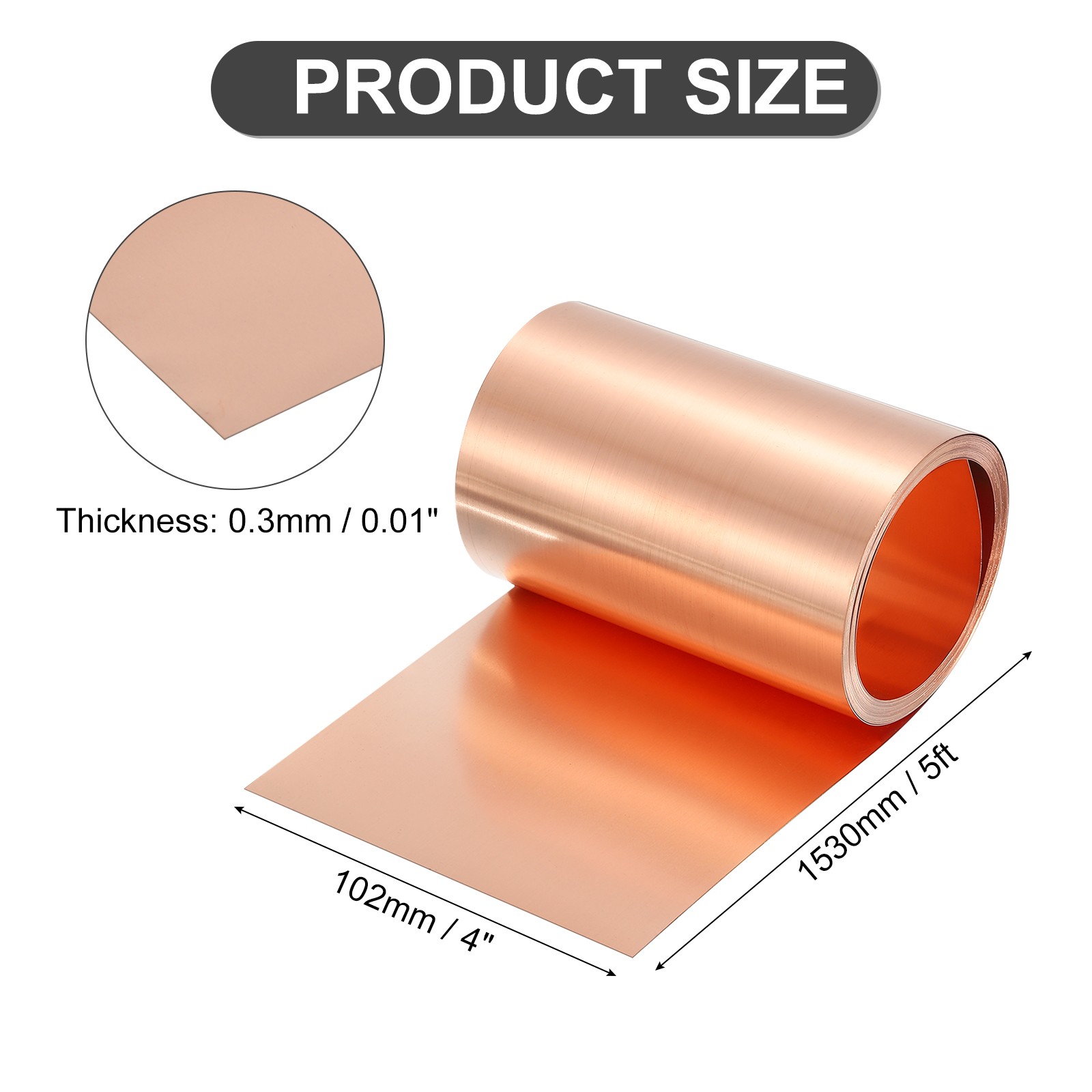 Pure Copper Sheet Roll, 0.3mm 22Ga Thick T2 5Ft x 4in Copper Strip for Craft