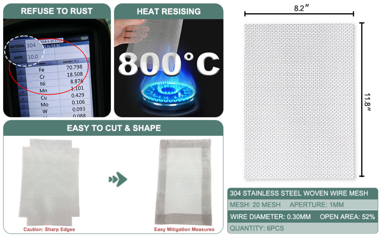 6 Pcs 304 Stainless Steel Wire Mesh Screen, 1mm Hole 20 Mesh, No Rust and Sturdy