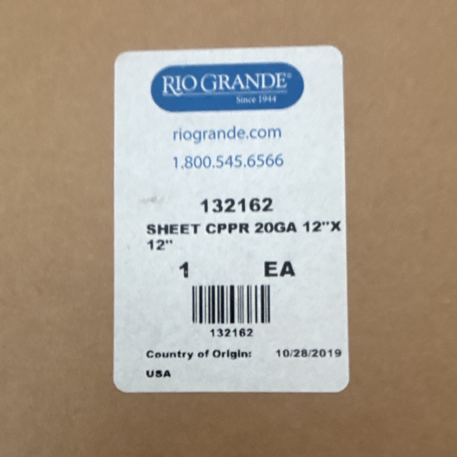 Rio Grande Copper Sheet 20 Ga 12 in x 12 in Flat Stock, MPN 132162