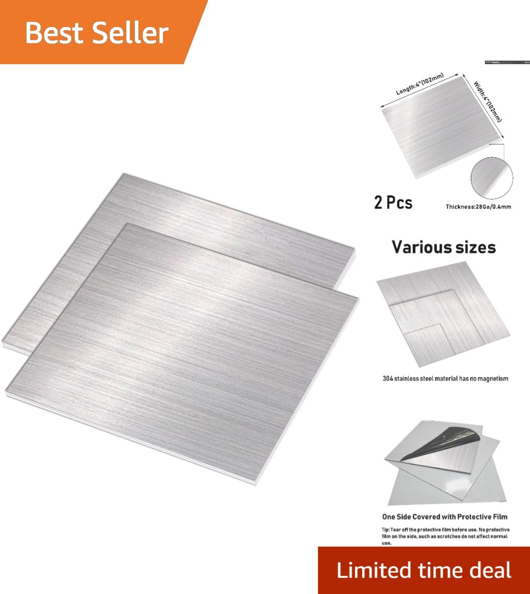 2 Pcs 28 Gauge 304 Stainless Steel Sheet | 4” x 4” Rectangular Brushed Finish