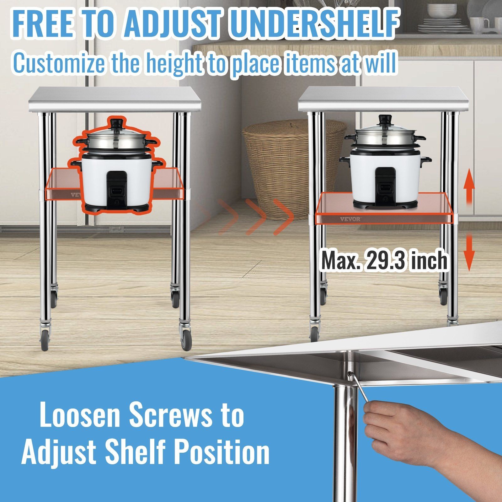 600lb 24x24x36in Stainless Steel Worktable with Adjustable Shelf & Wheels