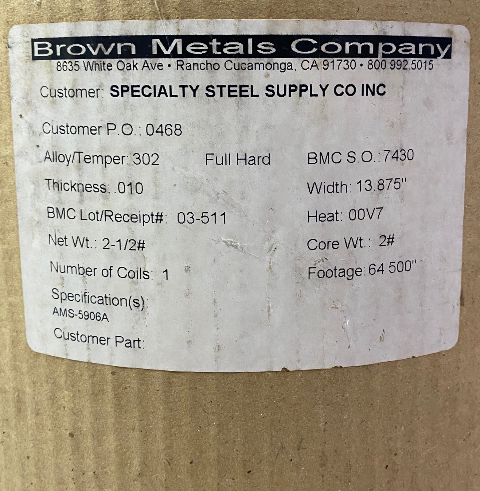BROWN METALS COMPANY Stainless Steel Shim Coil .010″x 13.875″x 64.5″ AMS-5906A