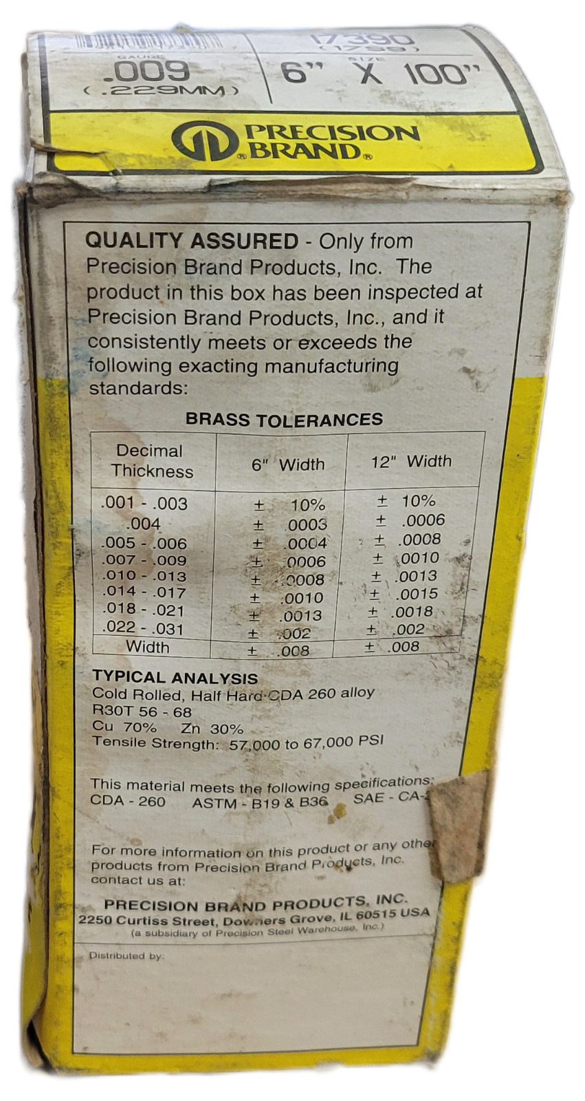 PRECISION BRAND 17390 BRASS SHIM .009 6″ X 100″ COLD ROLLED HALF HARD