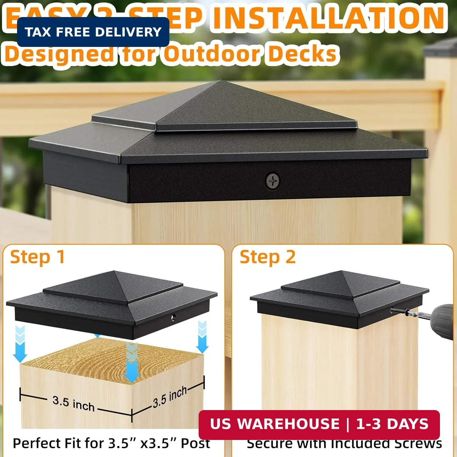 4 x 4 Ultra Durable Aluminum Pyramid Post Caps Fits Actual 3.5″ x 3.5″ Wood Post