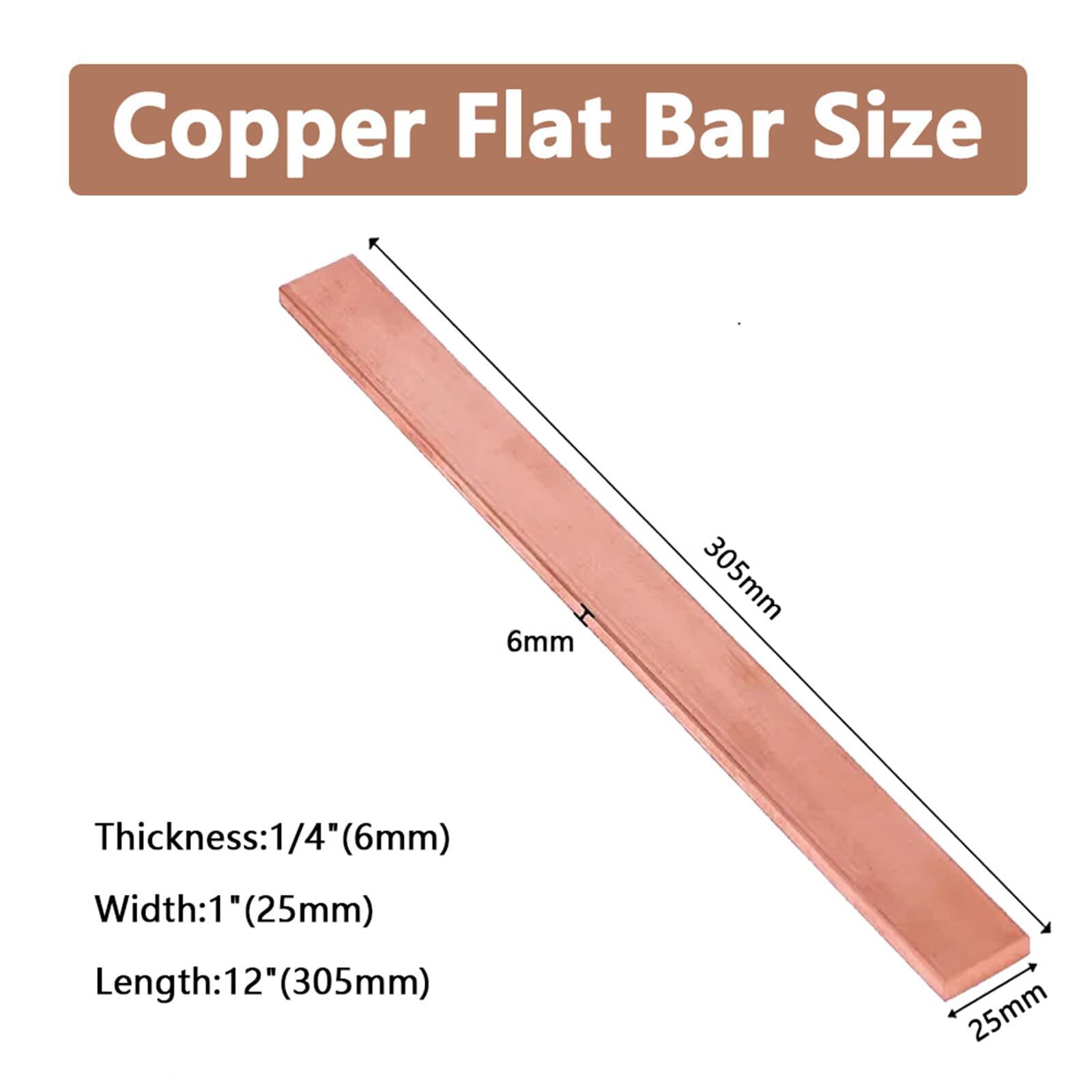 1Pcs C110 Copper Flat Bar 12″ Long 1/4″ 6mm x 1″ 25mm x 12″305mmCopper Bus Ba…