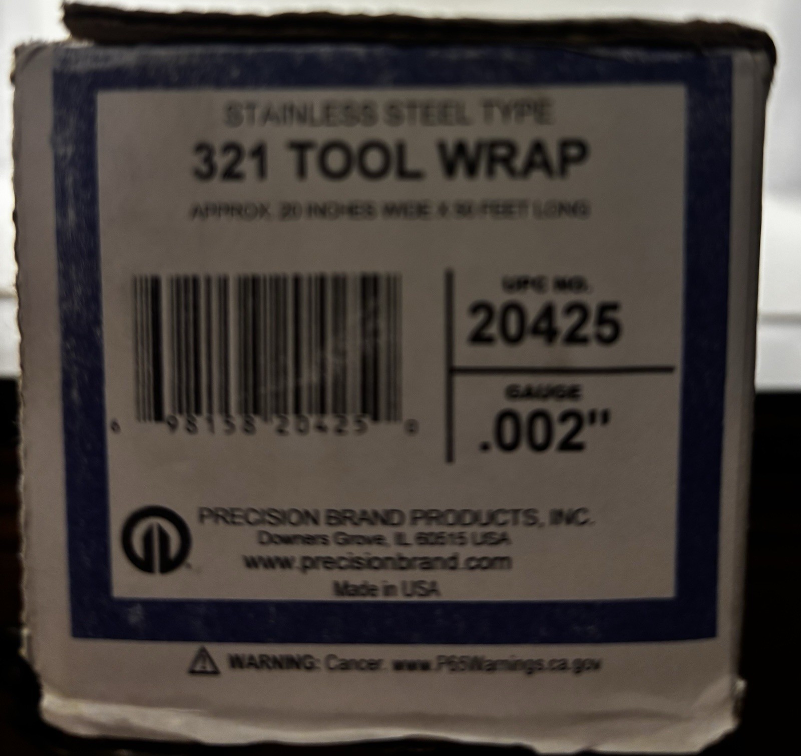 Precision Brand Stainless Steel Type 321 Tool Wrap 20”x50’ .002” Gauge Upc 20425