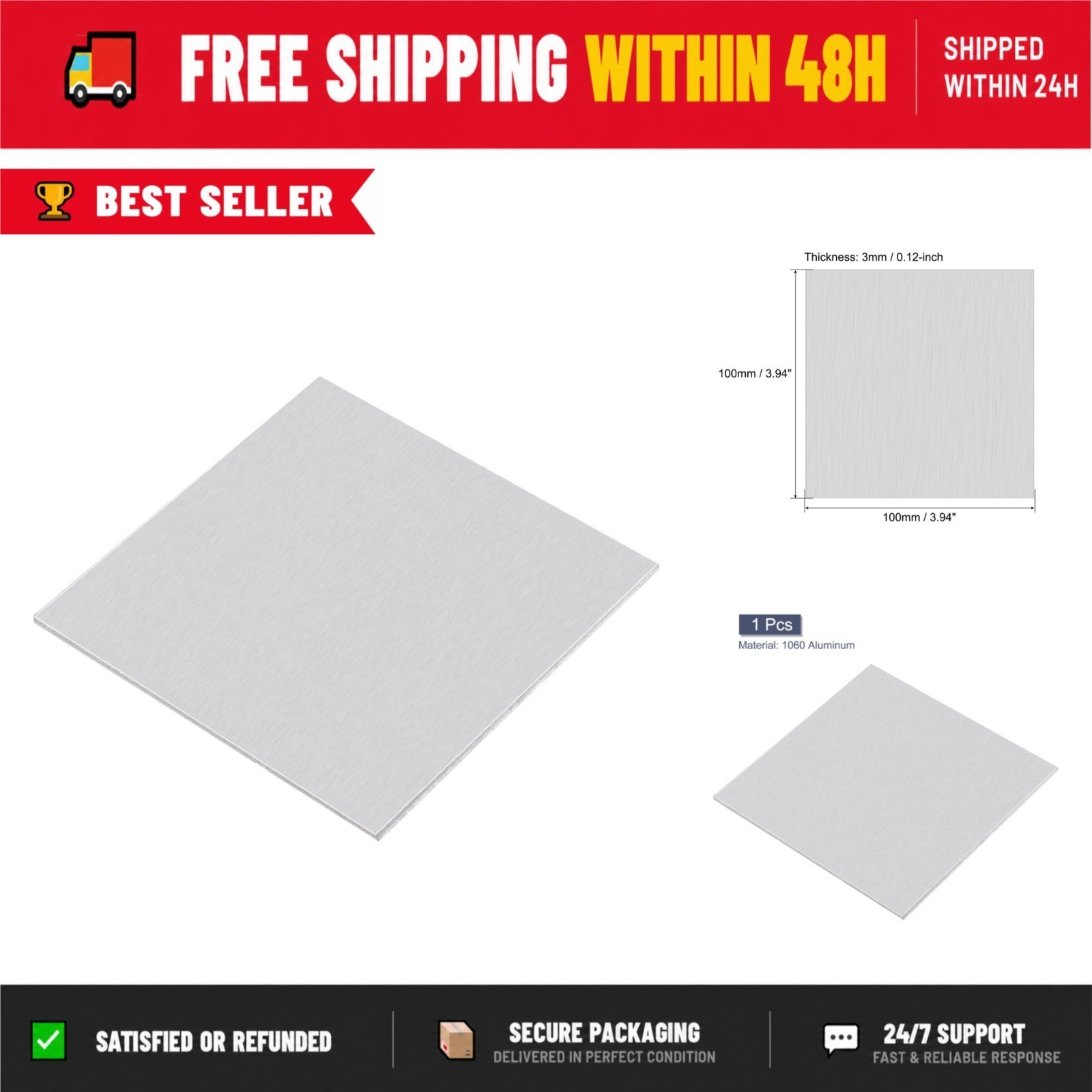 uxcell 1060 Aluminum Sheet 100mm x 100mm 3mm Thick Flat Metal Stock
