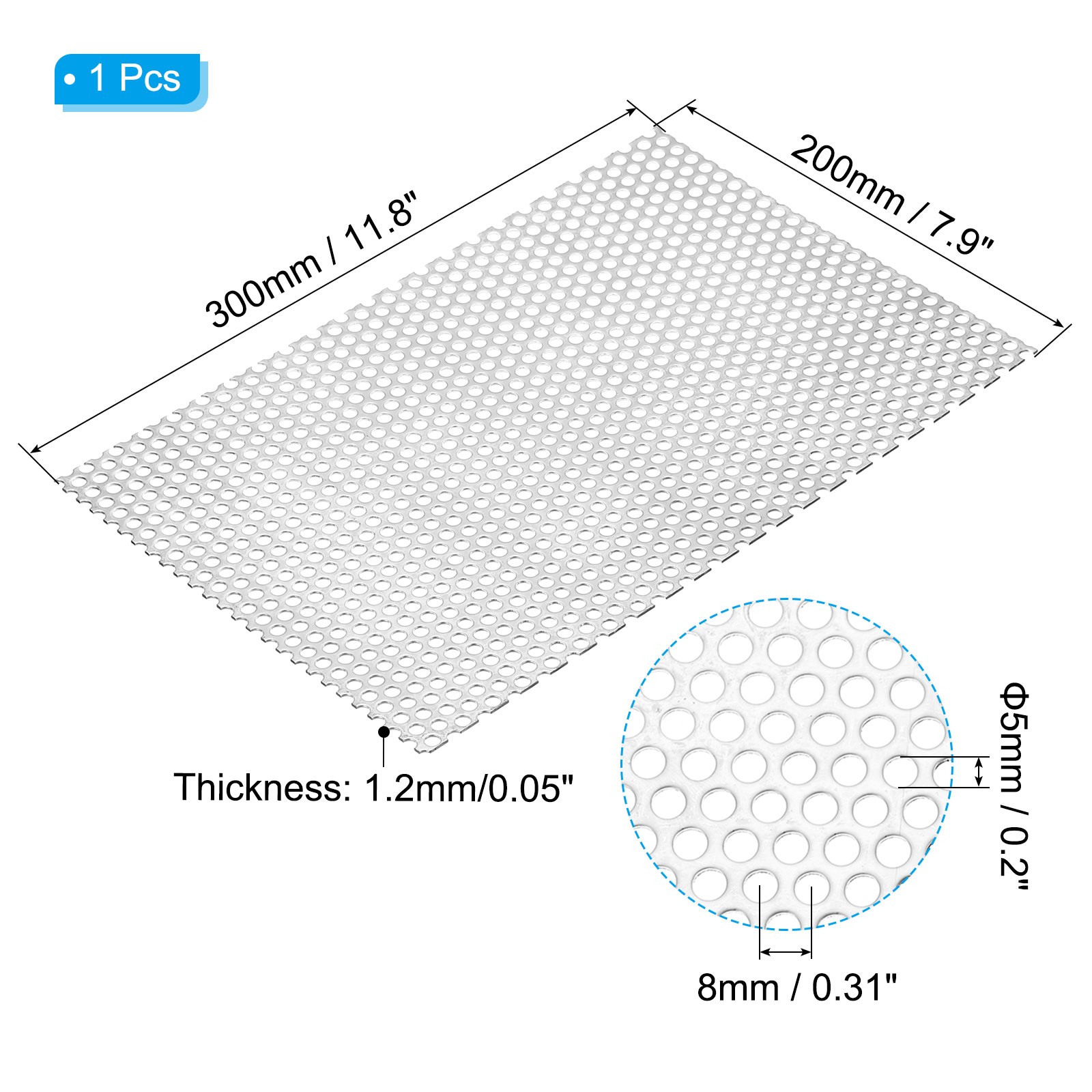 11.8″ L x 7.9″ W Perforated Metal Sheets, 16Ga 0.2″ Hole 304 Stainless Steel
