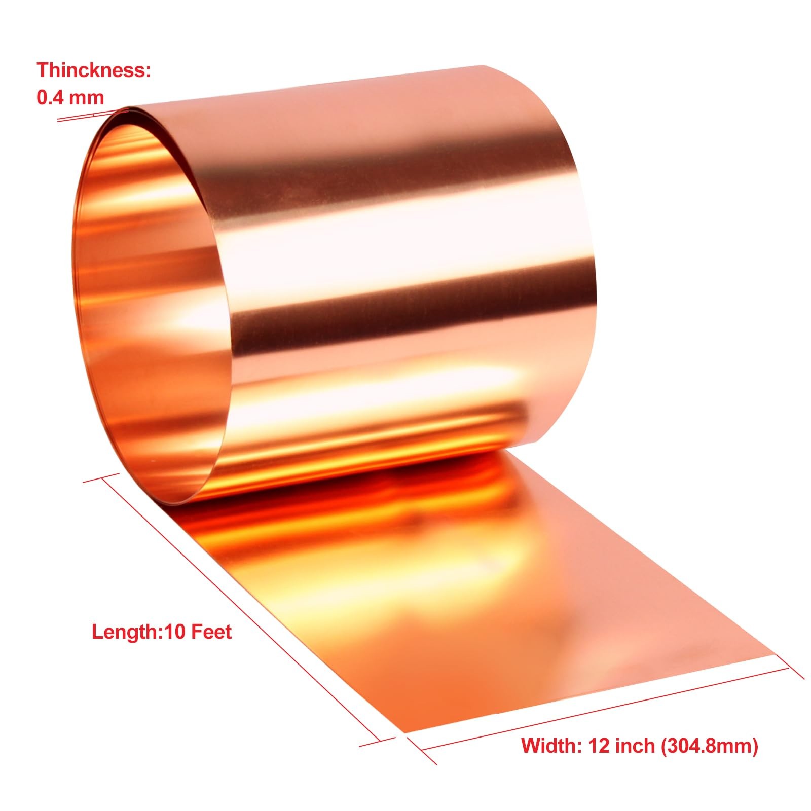 Copper Flashing 99.95% Pure – 26 Gauge 0.4mm 26 Ga, 12″ Width x 10 FT,