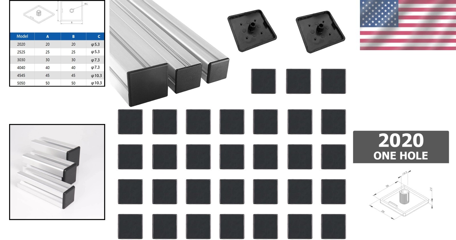 Rust-Proof Black ABS End Caps (35 Pcs) for 20x20mm Aluminum Frame Protection