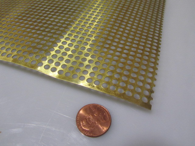 Brass Perforated Extra Thin Sheet, .016″ Thick x 24″ x Per Ft”, .138″ Hole Dia.