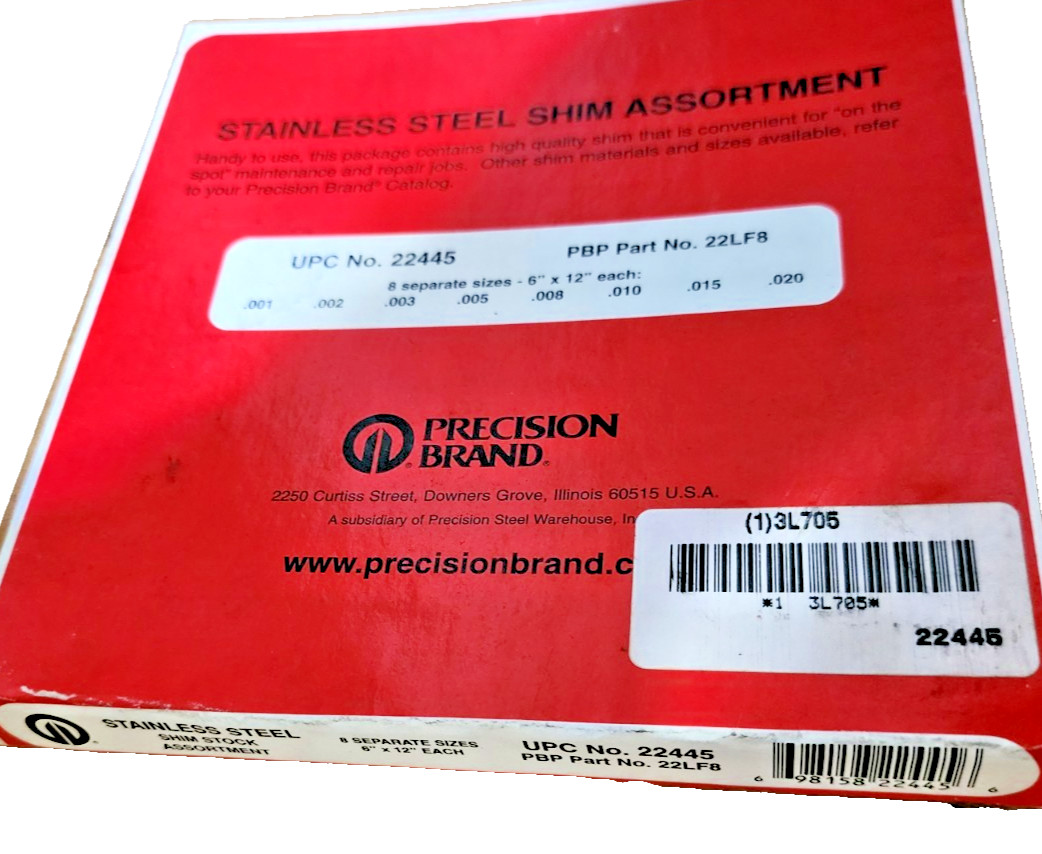 Precision Brand 22445 Steel Shim 22LF8 Flat Sheets 6″x12″-Separate Size (Pack 8)