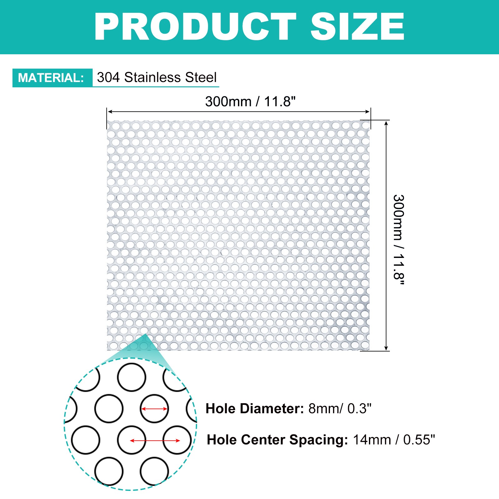 20GA 11.8″ x 11.8″ Round Hole 304 Stainless Steel Perforated Sheet