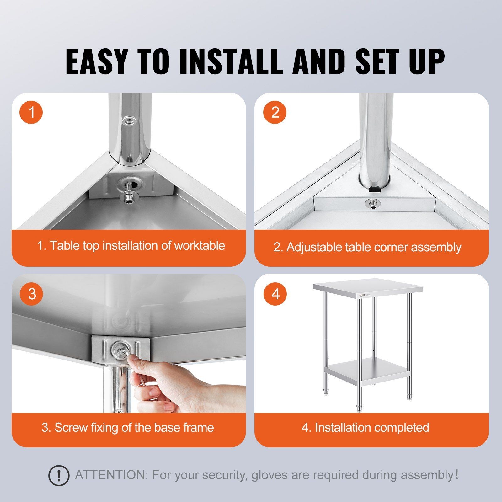 33lb 24x24x34in Stainless Steel Worktable & 3 Adjustable Heights