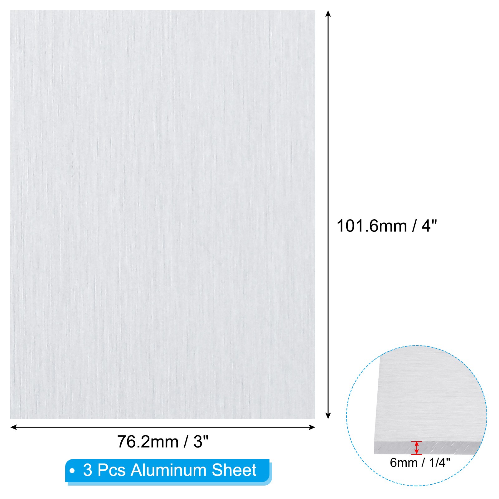 6061 T651 Aluminum Sheet Metal 4 x 3 x 1/4(0.236″) Inch 3Pcs Flat 6MM