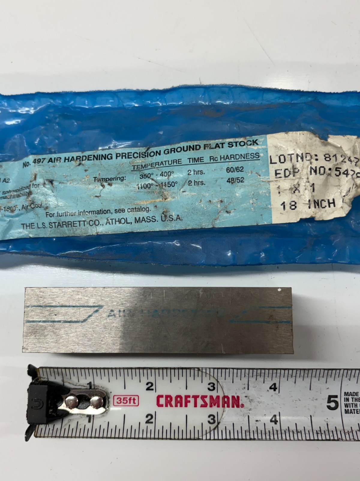 Starrett No 497 A2 Air Hardening Precision Ground Flat Stock Steel 1″x1″x4.1”