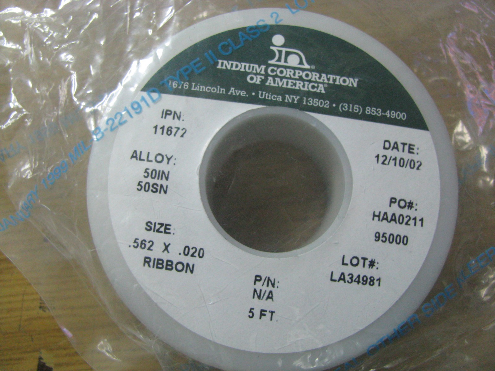 5ft Indium Corp Alloy Ribbon 50 IN-50 SN .562 x .020
