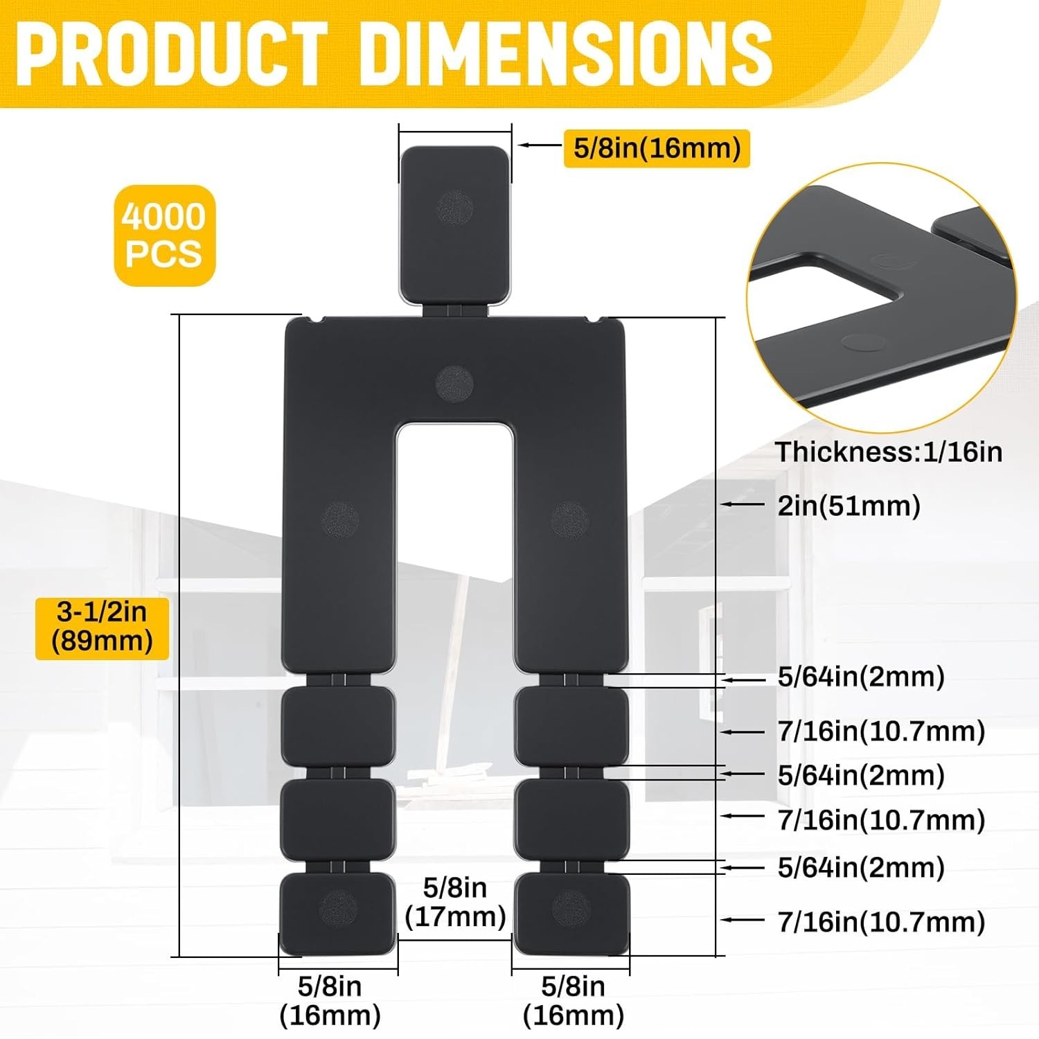 4000Pcs 1/16″ x 3-1/2″ Stack Shims Bulk Stackable Black Shims for Windows & Doos