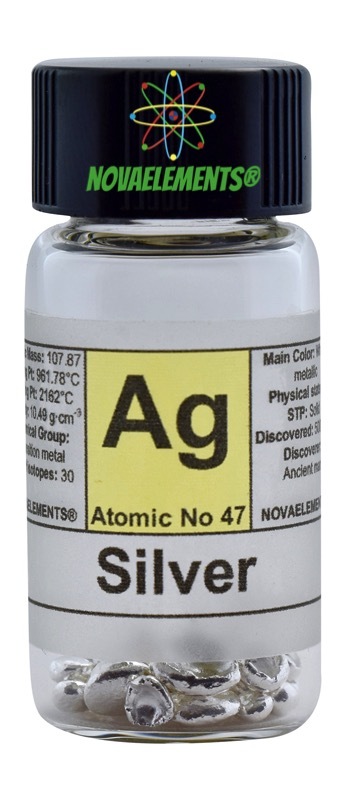 Silver metal element 47 Ag shiny pellets 3 grams 99.99% in labeled glass vial