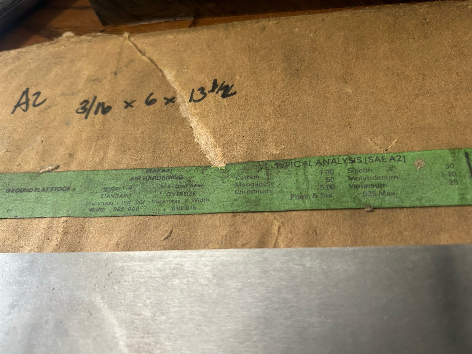 A2 Tool Steel, 3/16” x 6” x 13-1/2″, Flat Ground Bar, Machine Stock