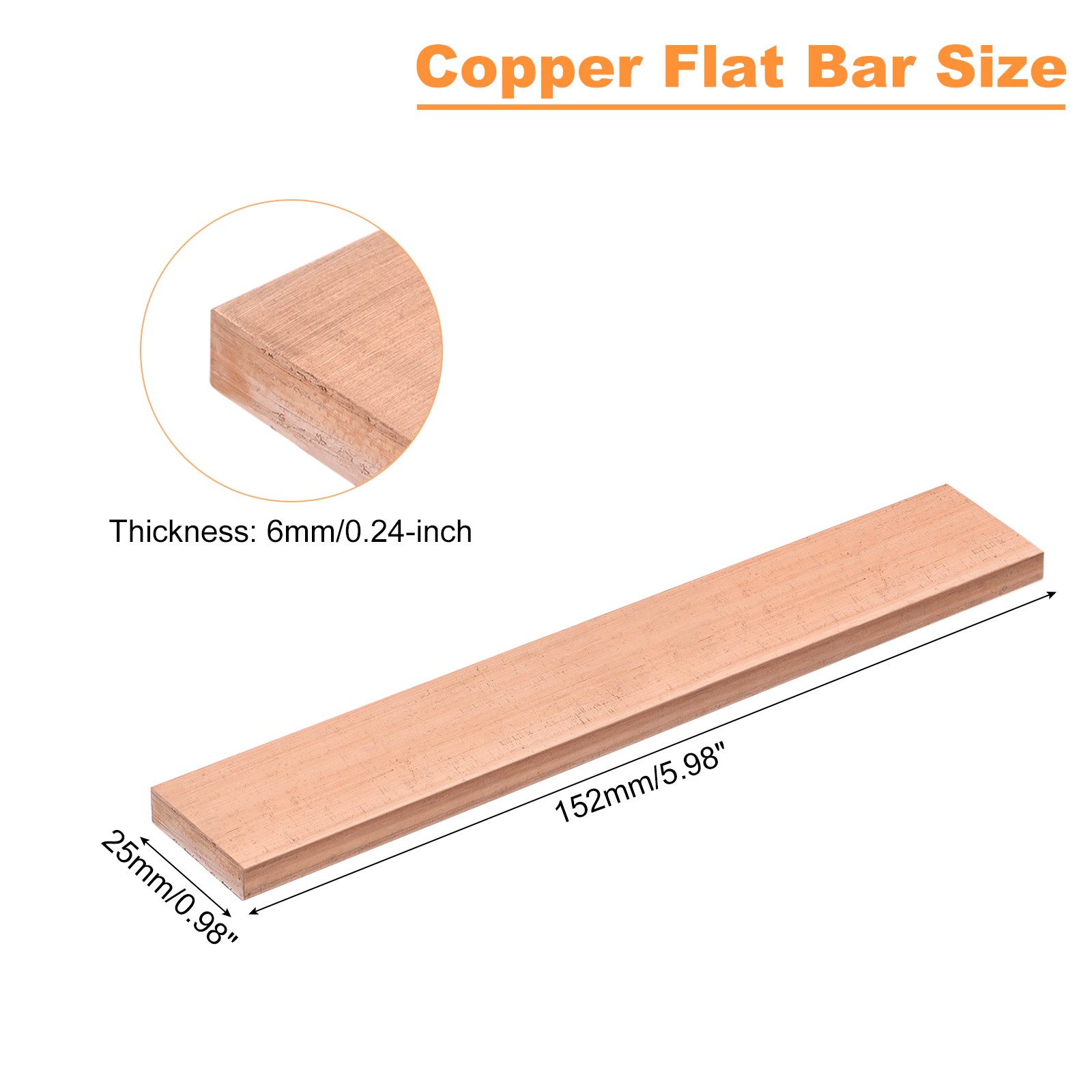 Copper Flat Bar, 1/4″ Thickness x 1″ Width x 6″ Length Copper Bar Stock