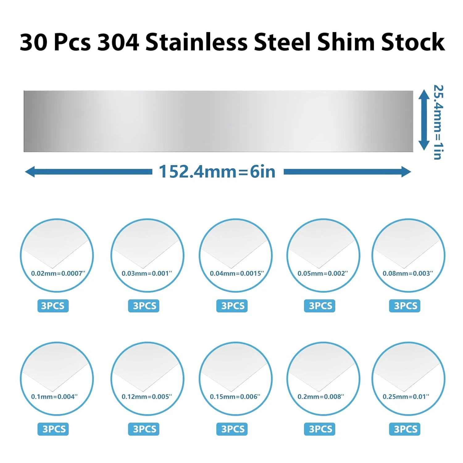 30pcs 304 Stainless Steel Shim Stock Assortment, 1″ Width x 6″ Length 10 Thickne
