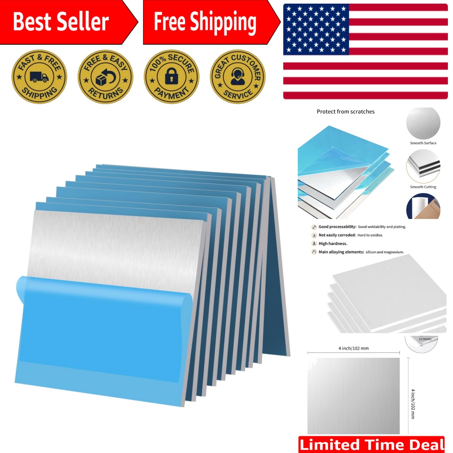 10PCS 6061 Aluminum Sheet Metal 1/8″ x 4″ x 4″, Aluminum Plates Covered with …