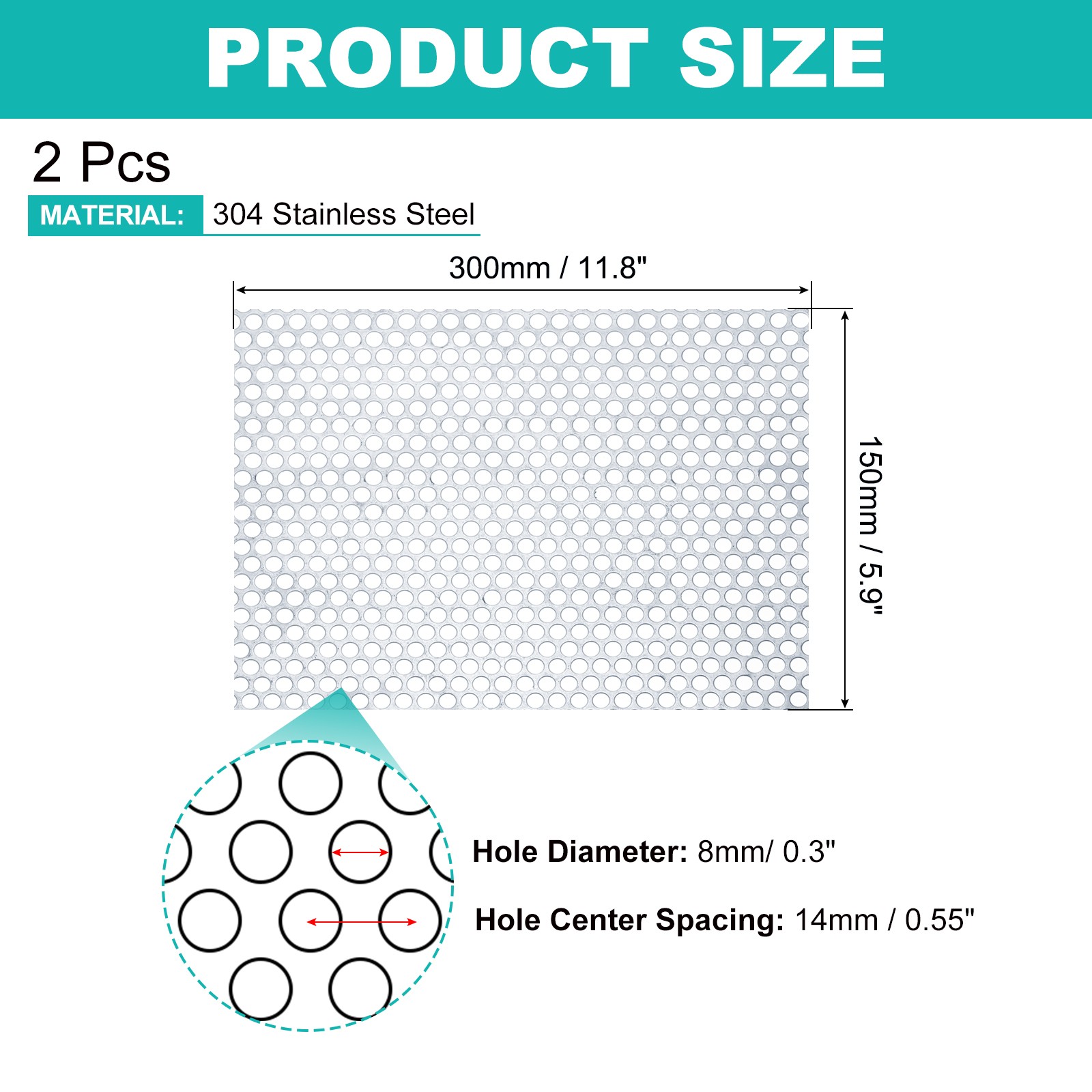 2Pcs 20GA 11.8″ x 5.9″ Round Hole 304 Stainless Steel Perforated Sheet