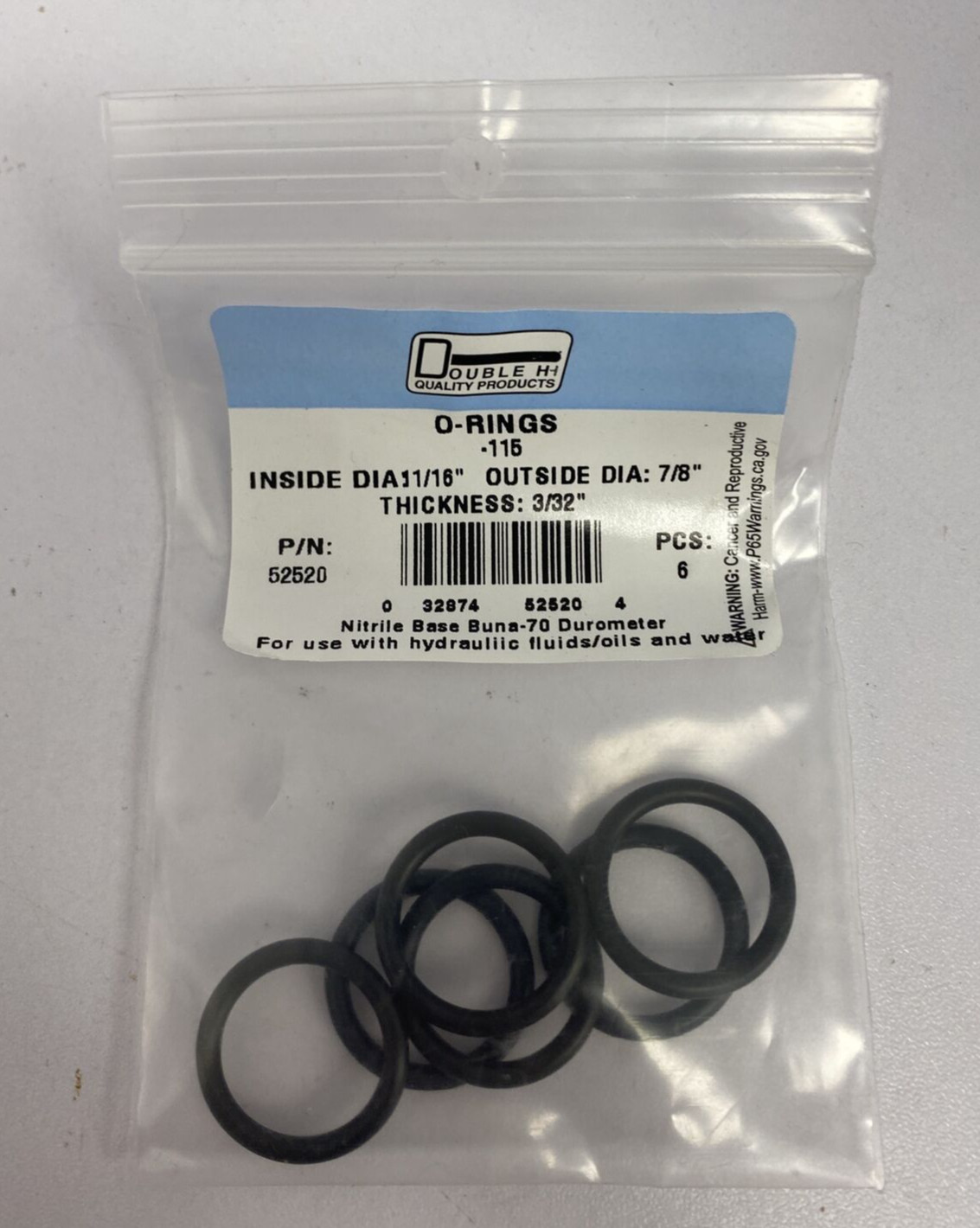 Double O Rings Inside Dia 11/16” Outside Dia 7/8” Thickness 3/32” 52520 6pc