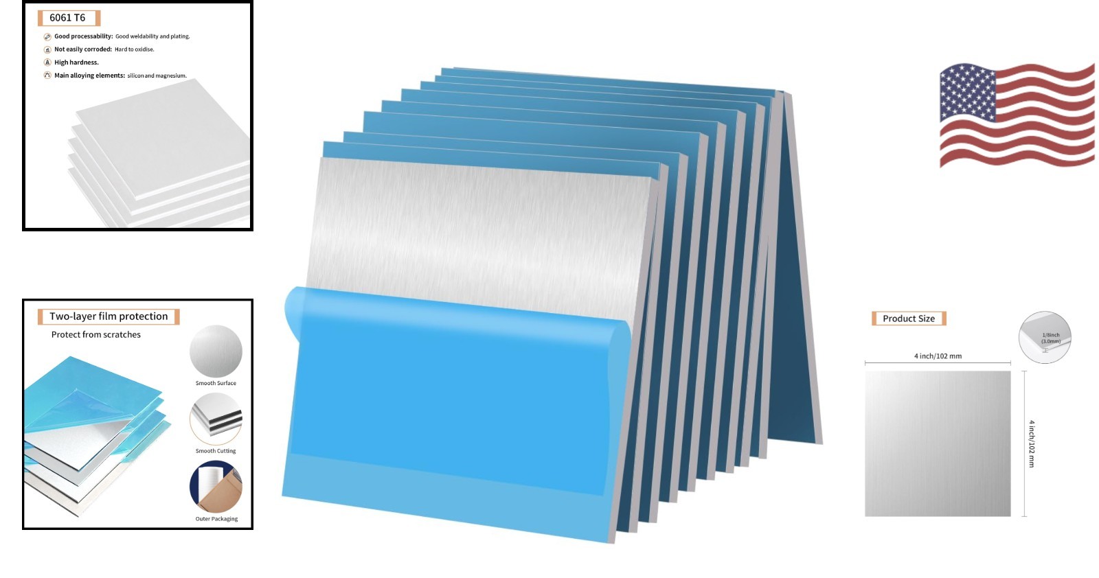 Versatile 10PCS 6061 Aluminum Sheets – 1/8″ x 4″ x 4″ for DIY & Industrial Use