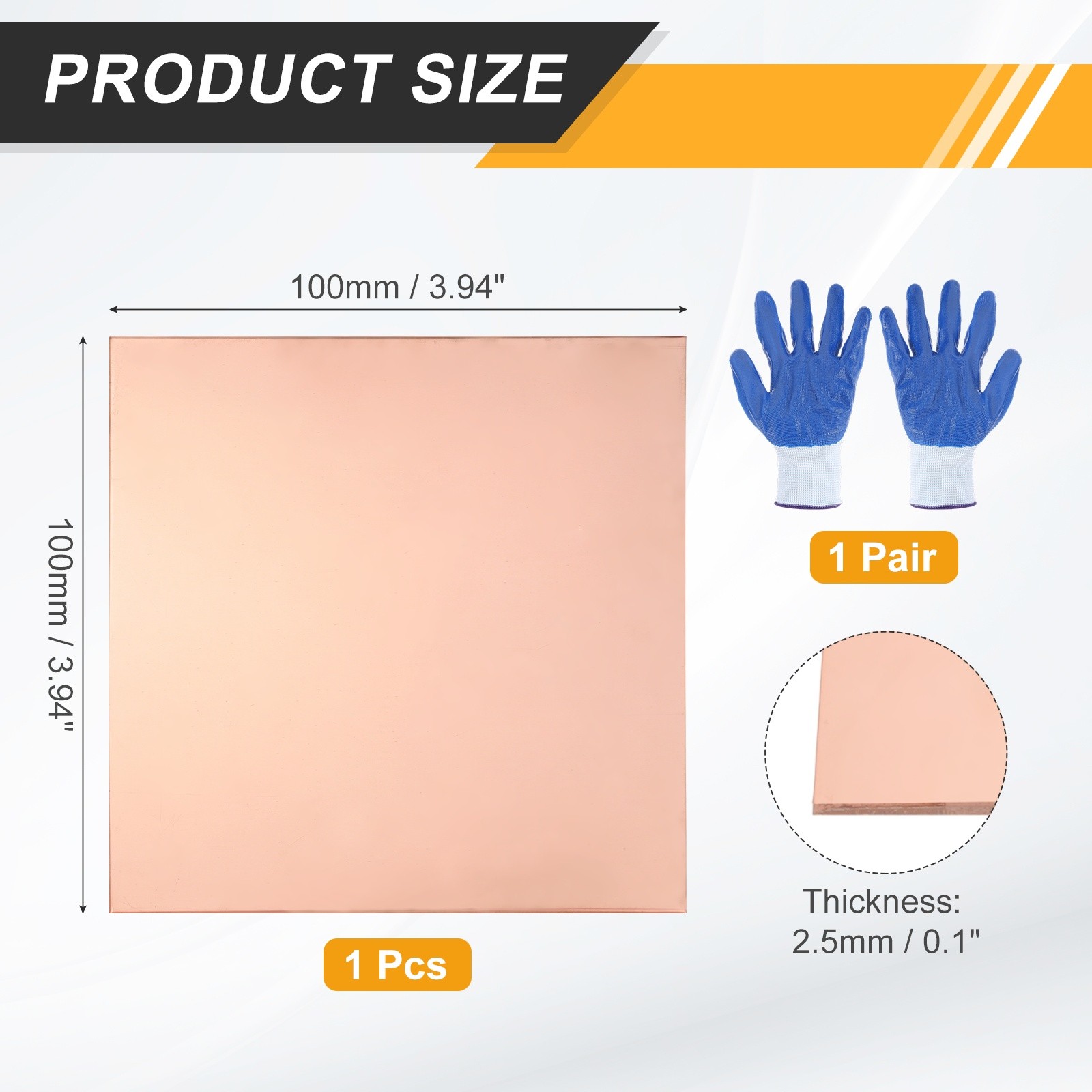 99.9% Pure Copper Sheet, 100 x 100 x 2.5mm with Gloves