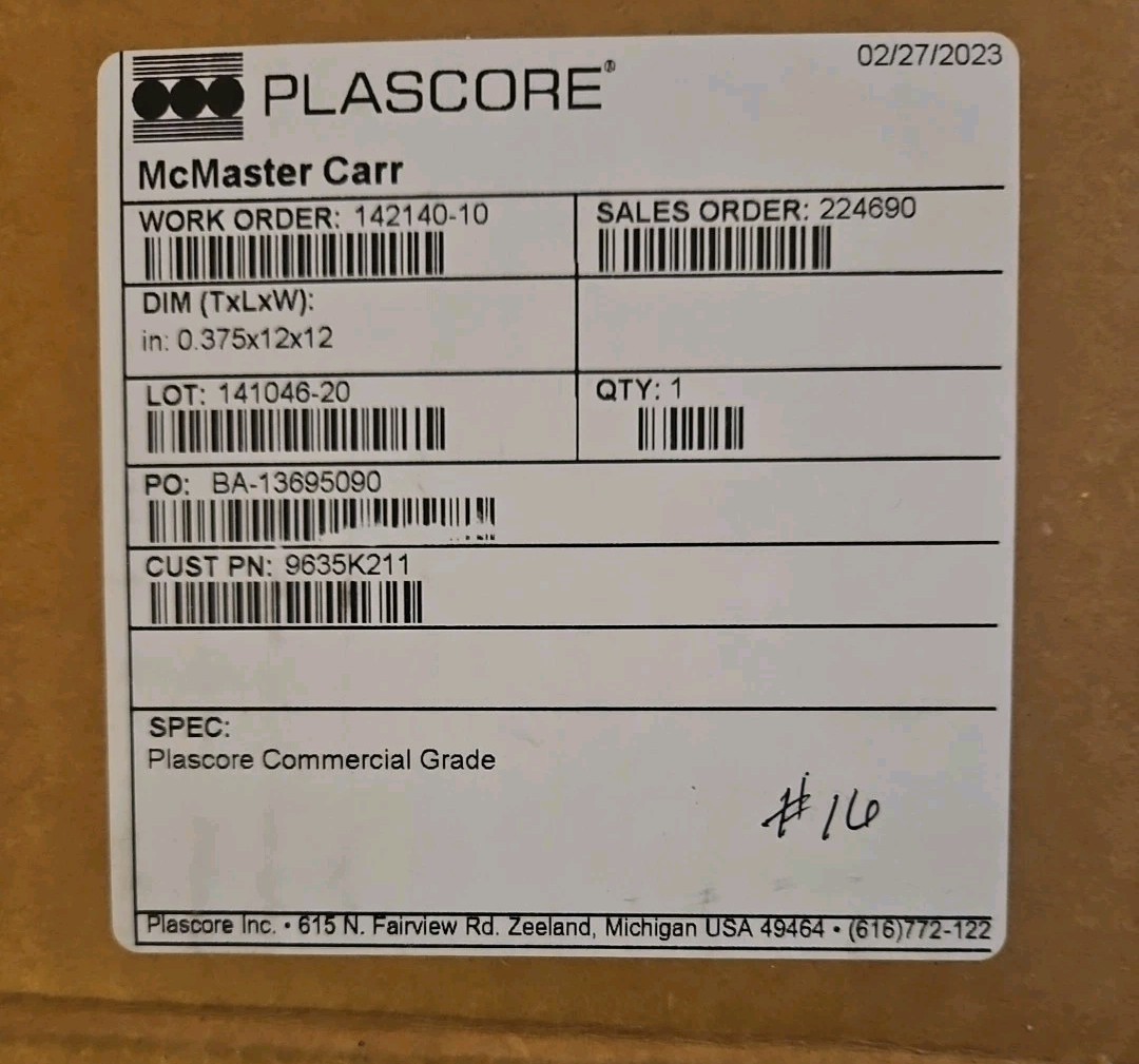 Plascore Polypropylene Honeycomb Core Panel 12×12 x 1/4” NEW Lightweight…