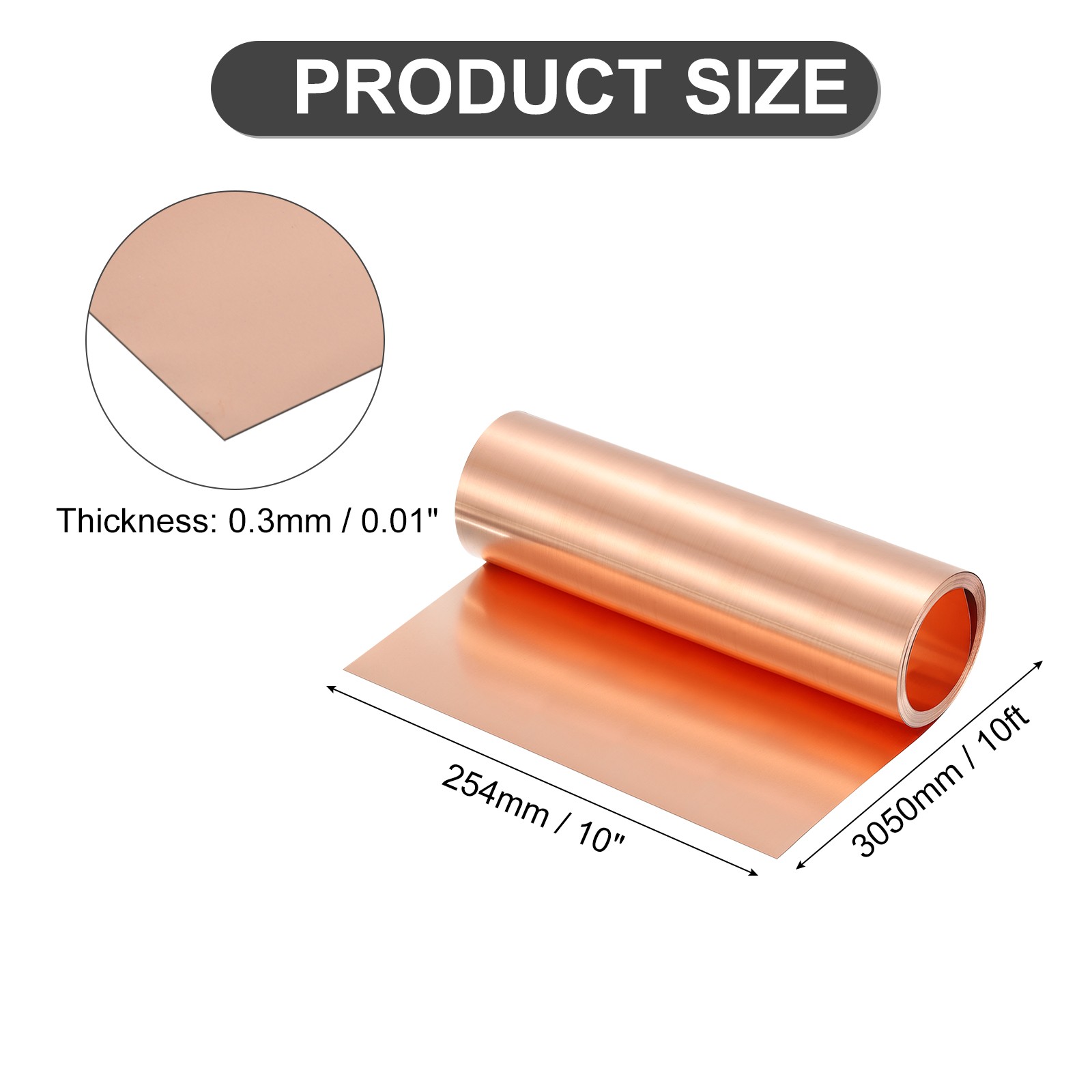 Pure Copper Sheet Roll, 0.3mm 22Ga Thick T2 10Ft x 10in Copper Strip for Craft