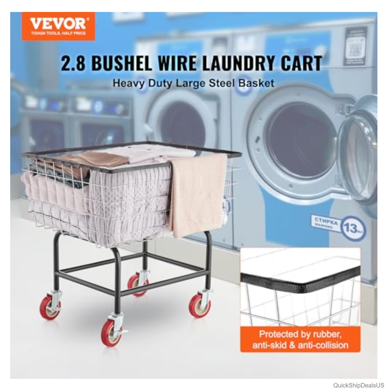 Wire Laundry Cart 2.8 Bushel Steel Frame Chrome Finish 4 Caster Wheels