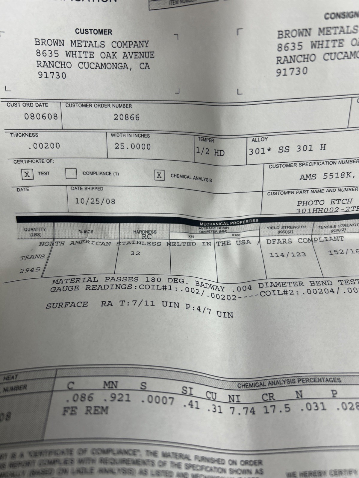 301 Stainless Steel Shim Stock .002×6”x50” 301 Half Hard 301 1/2 Hard .002x6x50”