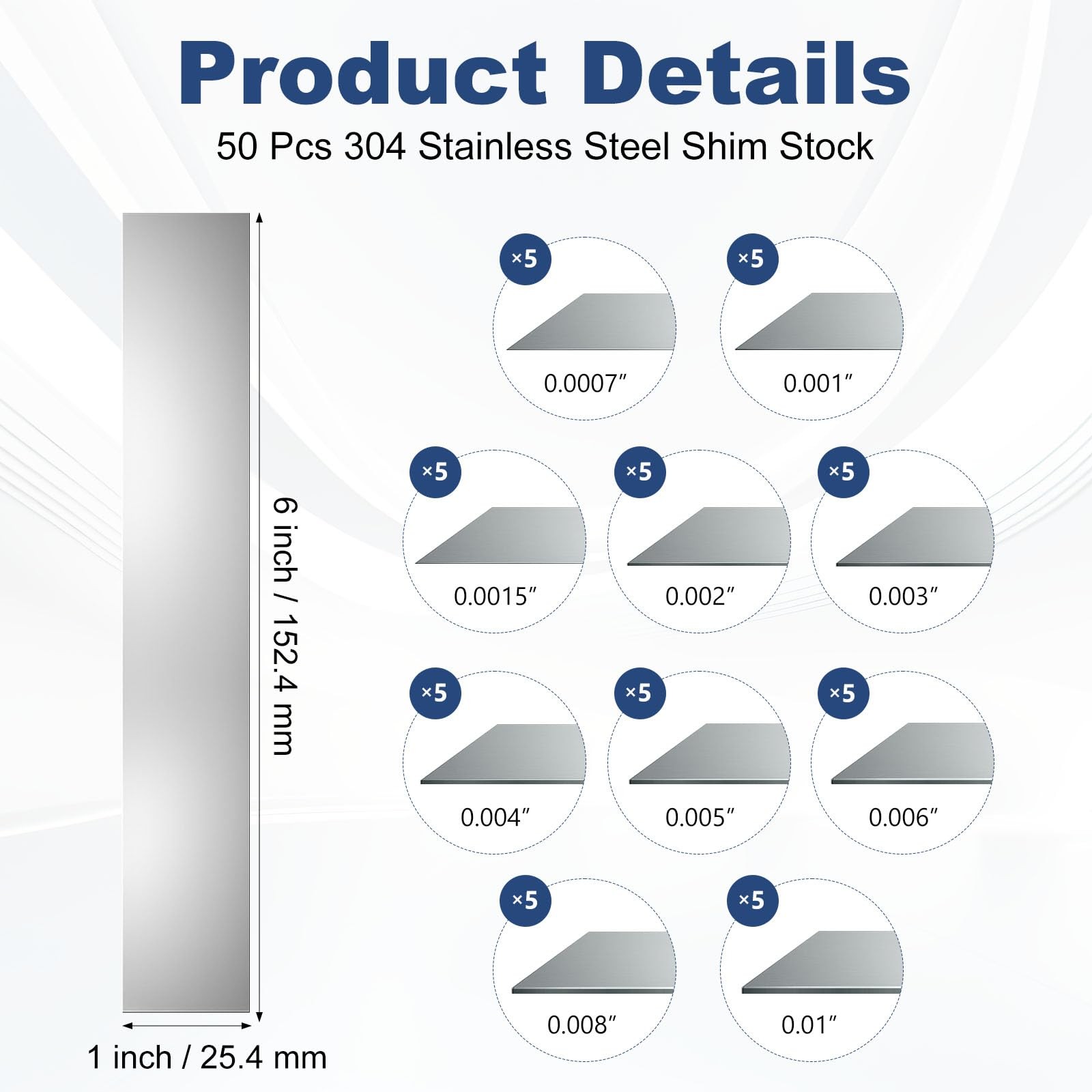 AOKLIT 50 Pcs Shim Stock Assortment, 304 Stainless 1x6x0.01 inches, silvery