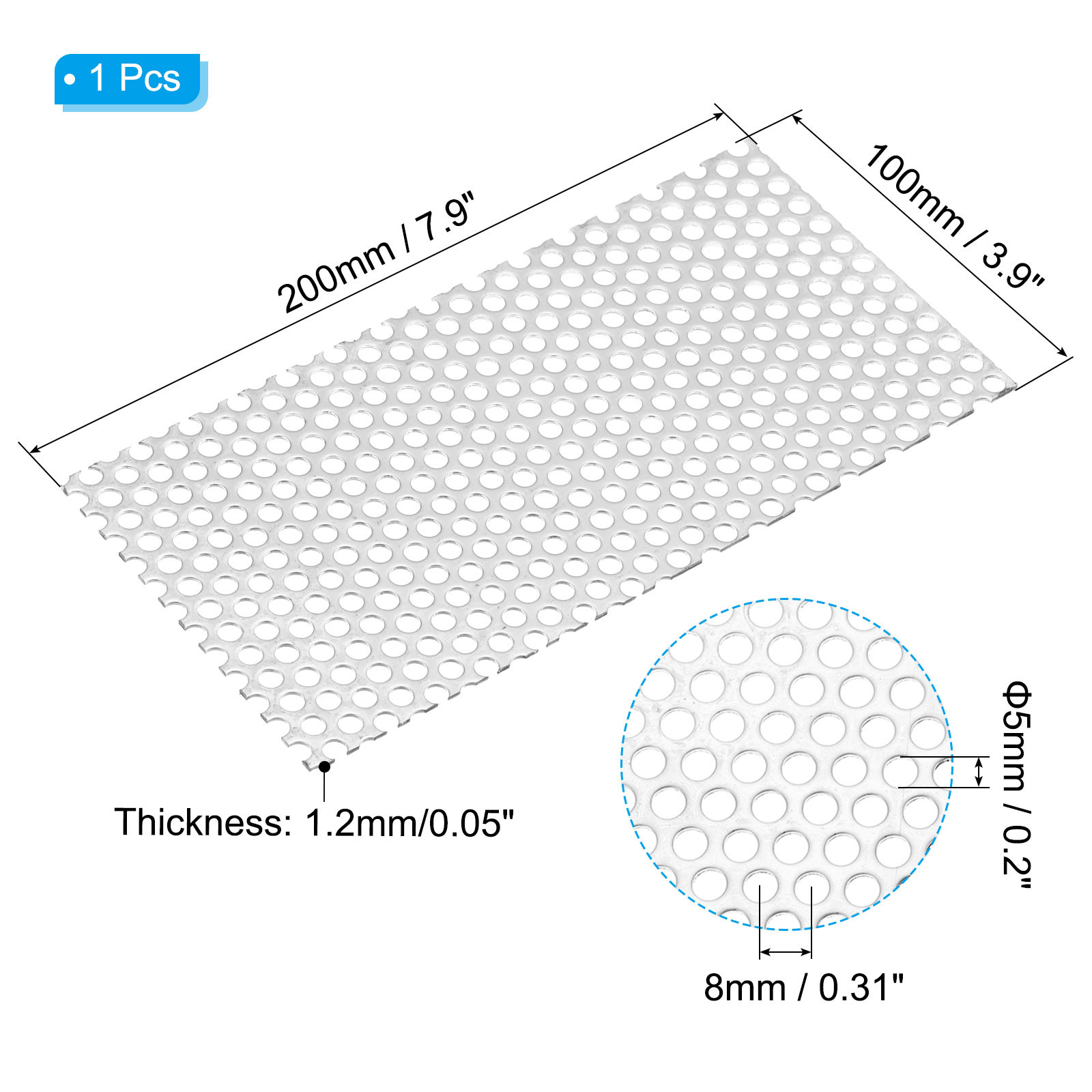 7.9″ L x 3.9″ W Perforated Metal Sheets, 16Ga 0.2″ Hole 304 Stainless Steel