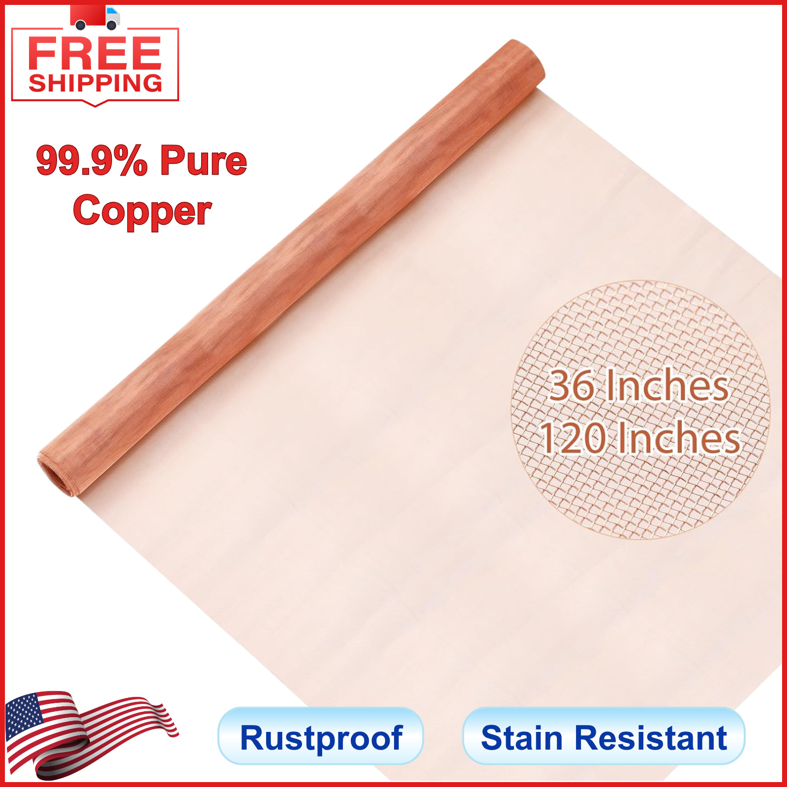 36″ x 10FT Copper Mesh Screen 99.9% Pure Copper 40 Mesh Roll for Crafts and DIY