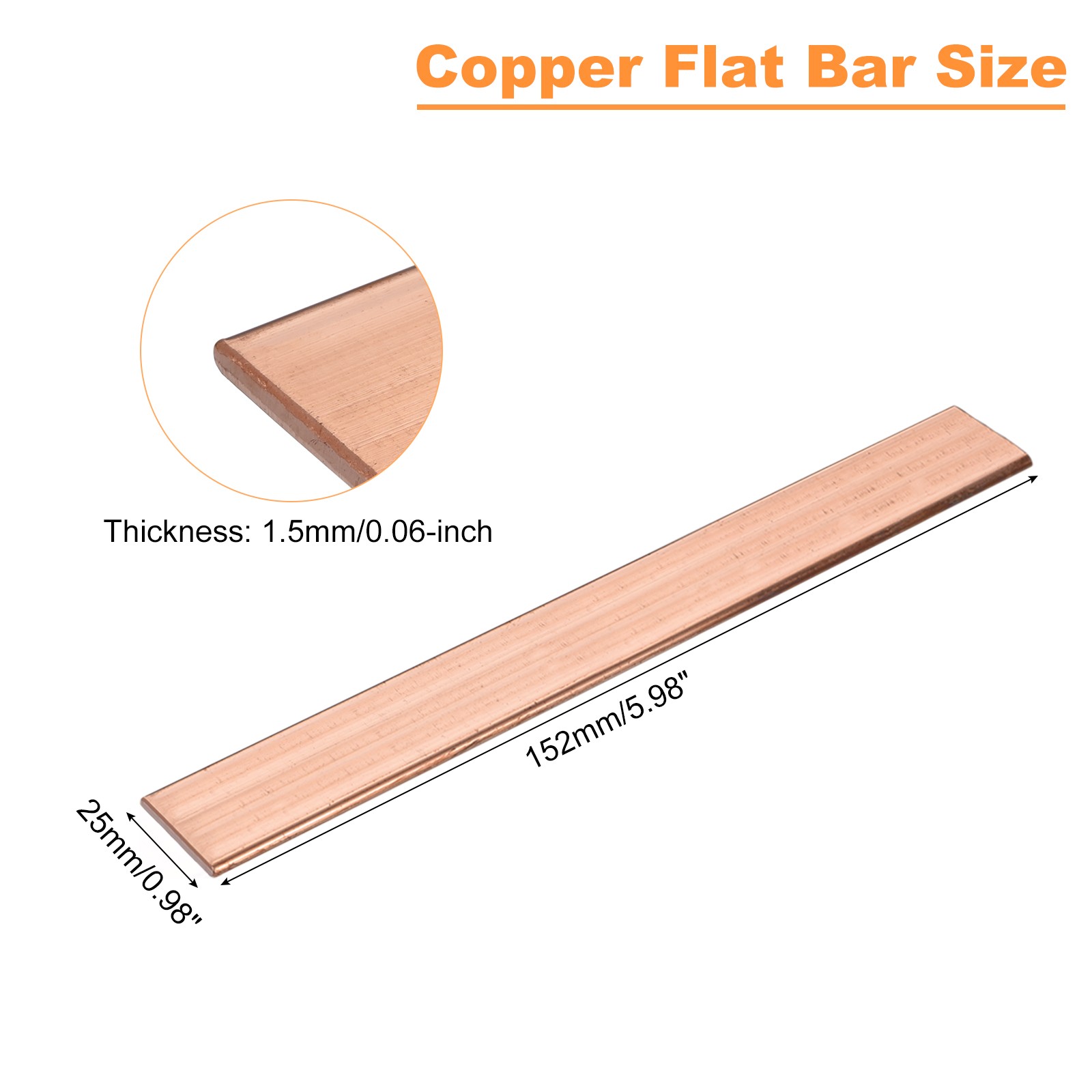 Copper Flat Bar, 1/16″ Thickness x 1″ Width x 6″ Length Copper Bar Stock