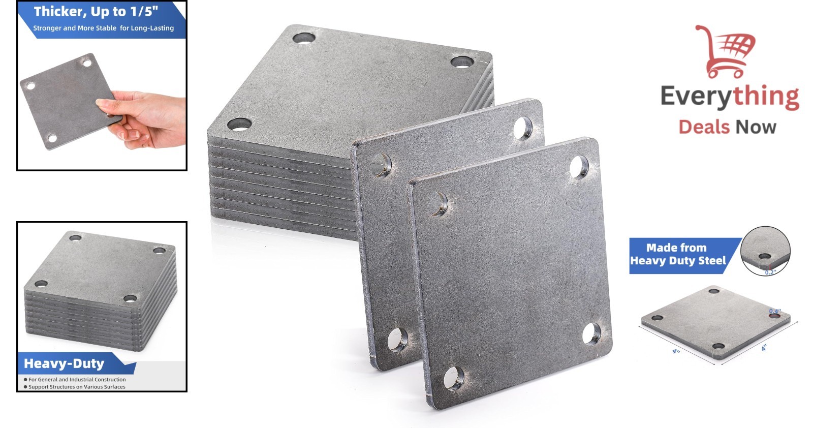 8 Pack 4×4 Steel Plates with Holes A36 Mild Metal Sheet Weldable Base Plate 1/5″
