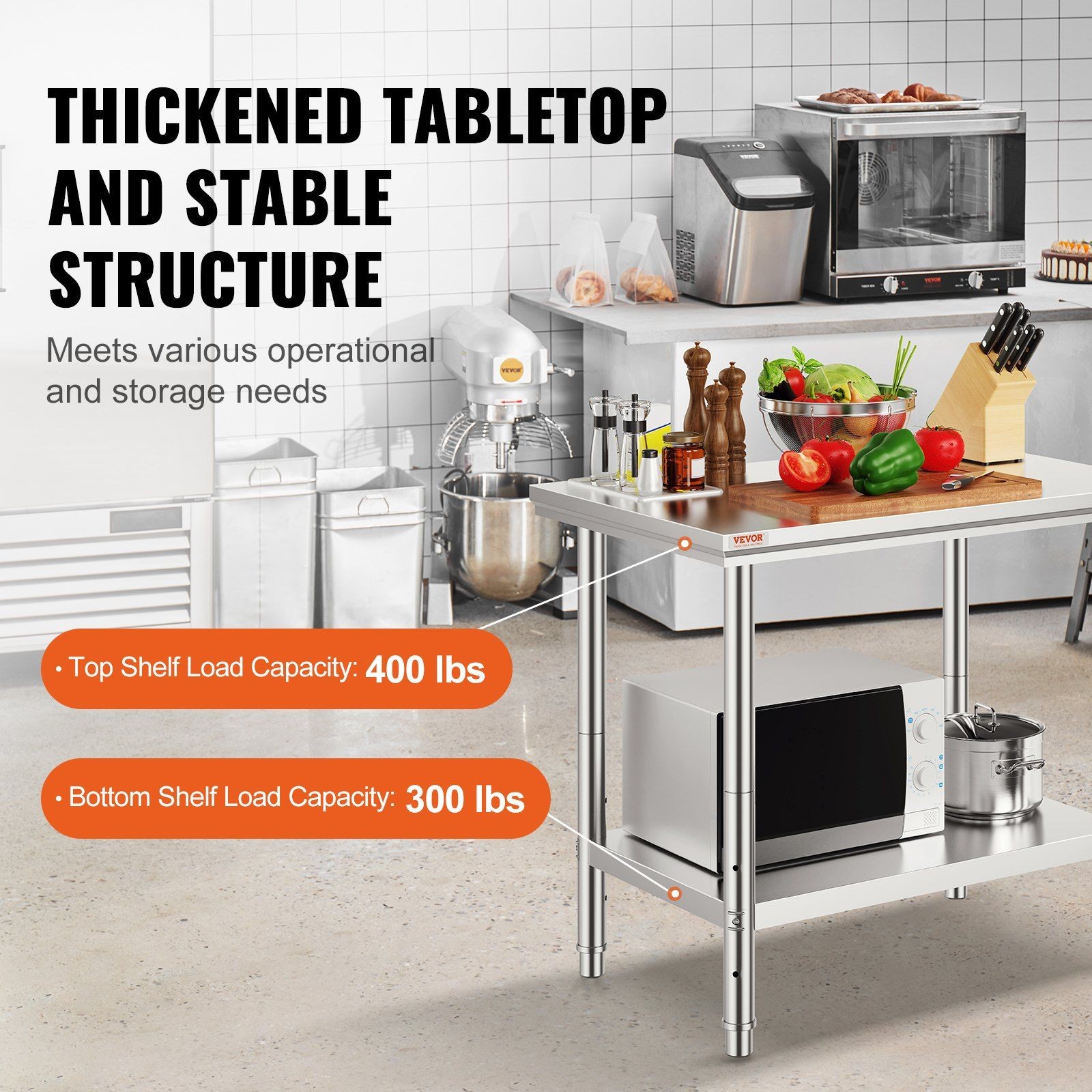 Stainless Worktable 35x24x31in 700lb Strength Tri-Level Adjustment