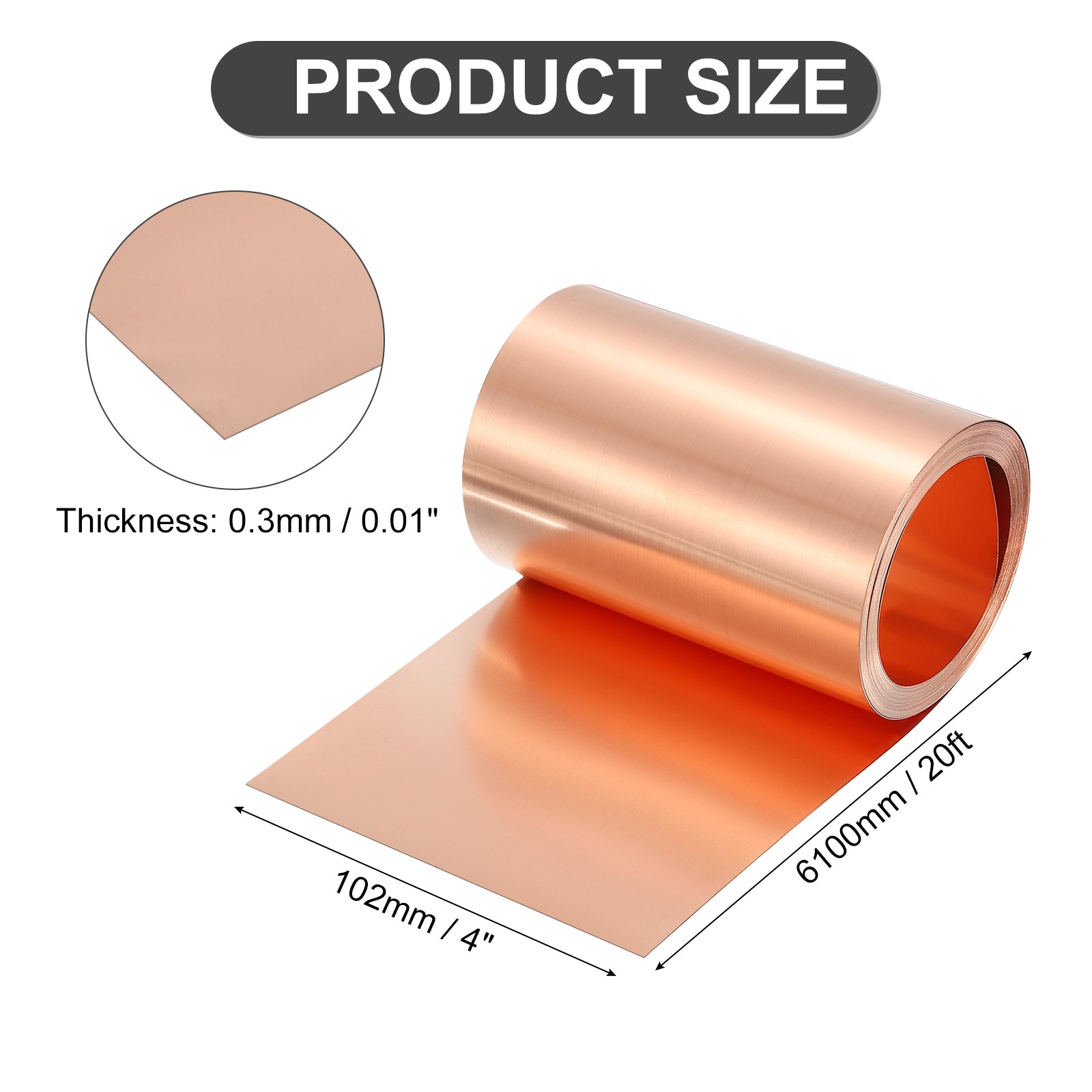 Pure Copper Sheet Roll, 0.3mm 22Ga Thick T2 20Ft x 4in Copper Strip for Craft