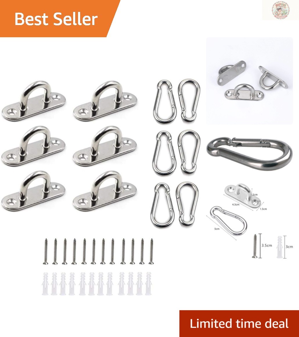 6Pcs Stainless Steel Oblong Pad Eye Plates with Carabiner Clips – 50kg Capacity
